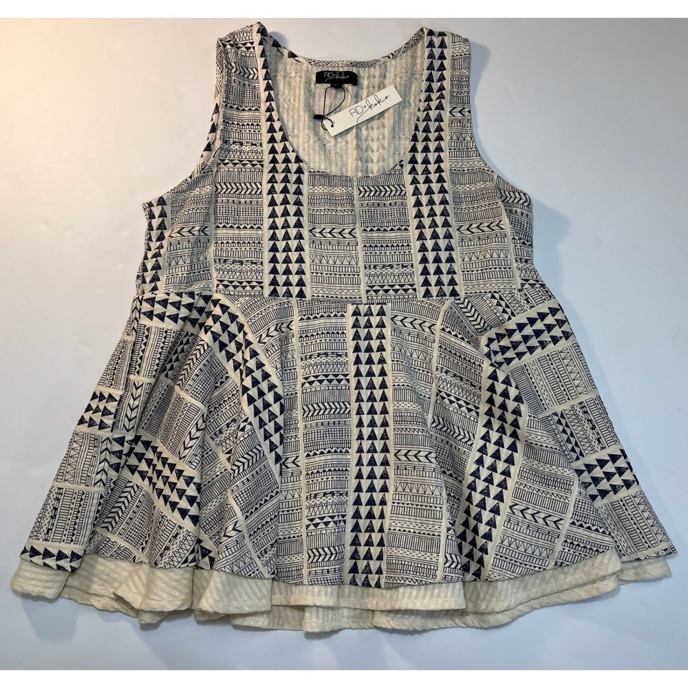 RD+Koko Geometric Tribal Peplum Tank Top Womens L Navy Cream Boho Festival Artsy